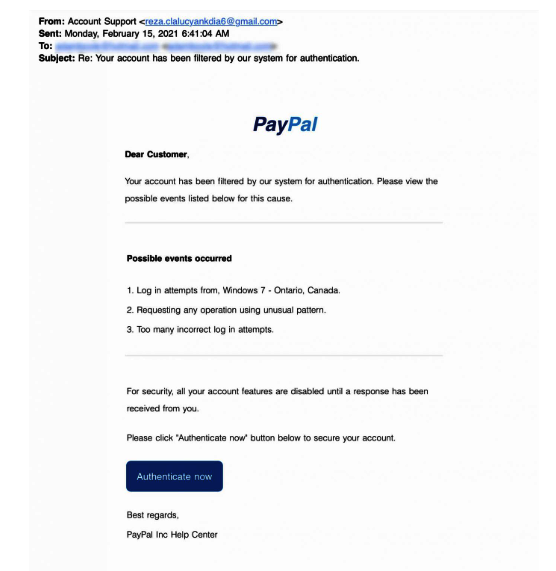 Example of a bogus email